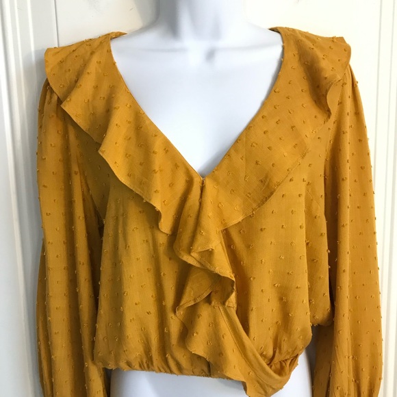 Lulus Women’s S Mustard Swiss Dot Ruffle Long Puff Sleeve Smocked Wrist Top EUC - Picture 5 of 16